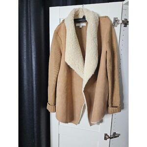 New York & CO Faux‎ Suede Sherpa Lined Sleeveless Cardigan Tan Jacket Size M